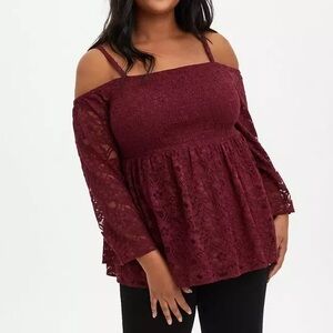 NEW Torrid Babydoll Lace Smocked Cold Shoulder Top Size 1X Wine Dark Romantic